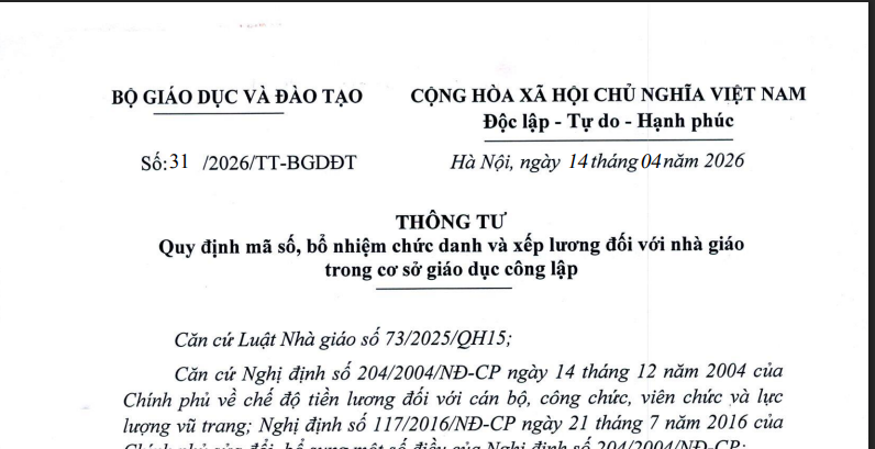 Thông tư số 31/2026/TT-BGDĐT của Bộ Giáo dục và Đào tạo: Quy định mã số, bổ nhiệm chức danh và xếp lương đối với nhà giáo trong cơ sở giáo dục công lập